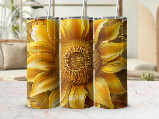 Three tumblers featuring a close-up, realistic sunflower design.