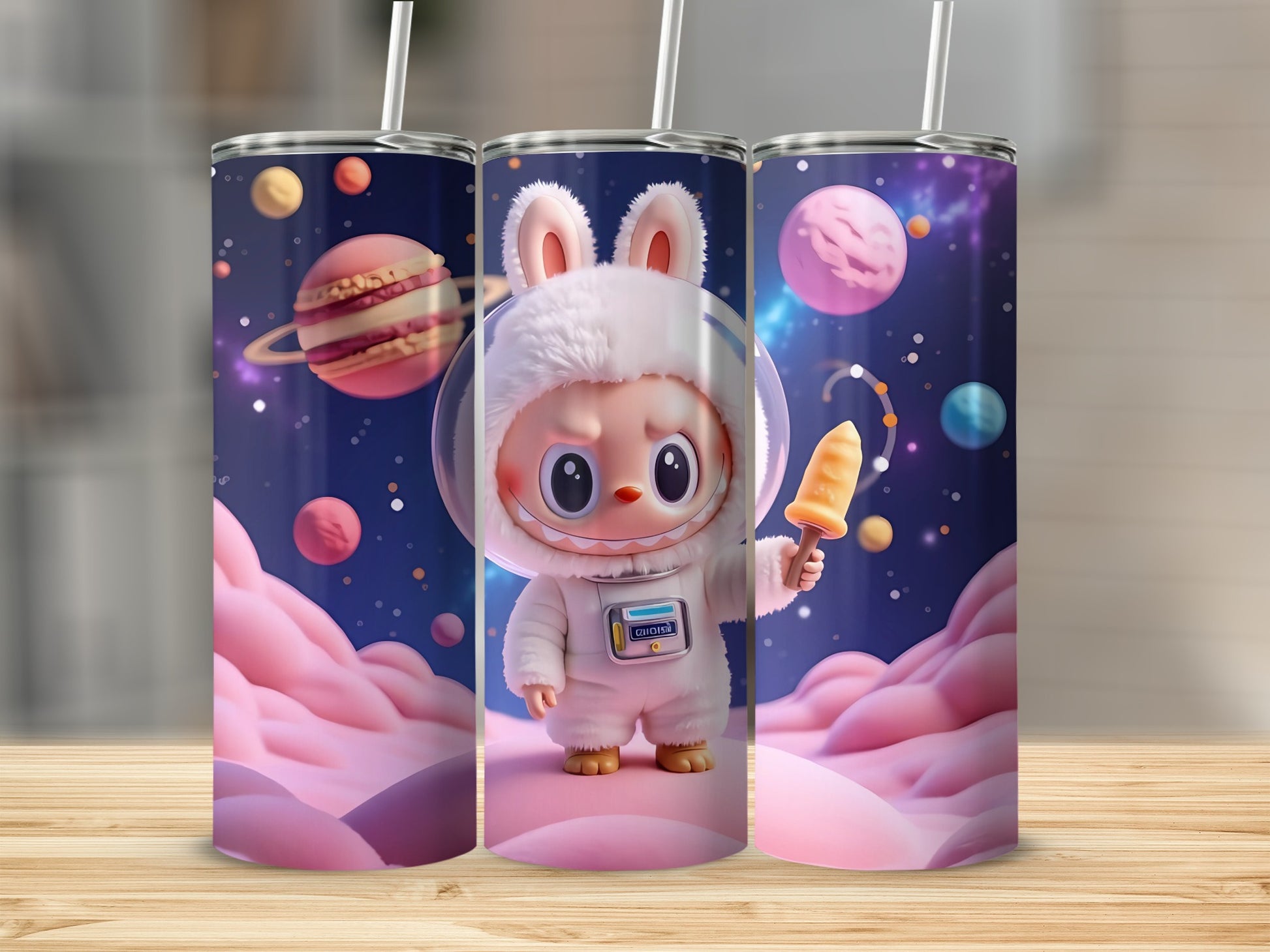 Cute Astronaut Bunny in Space Themed Tumbler Flask