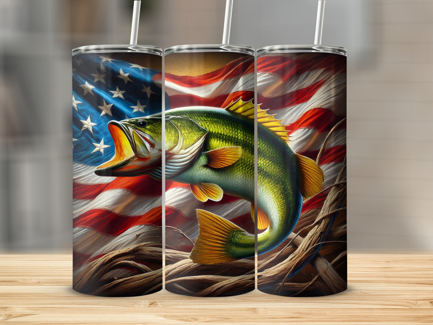 Patriotic Fishing Tumbler with American Flag Design