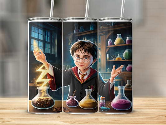Harry Potter in wizard robes with a wand, casting a spell with lightning.