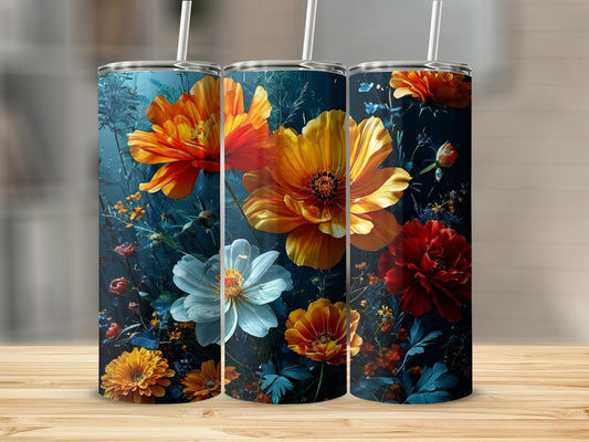 Three tumblers featuring vibrant orange, yellow, and red floral designs.