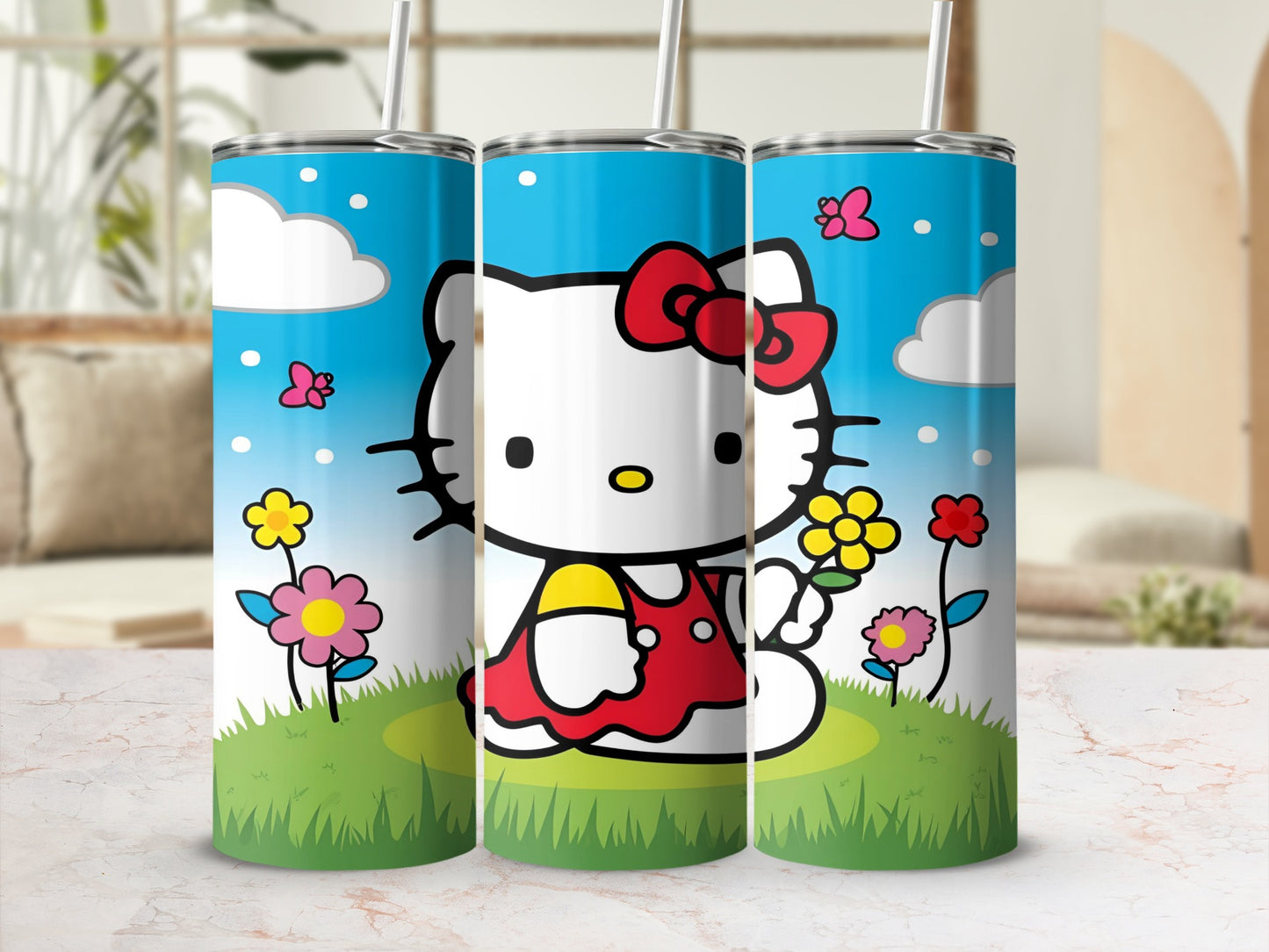 Hello Kitty in a red dress with flowers and butterflies on a grassy hill.