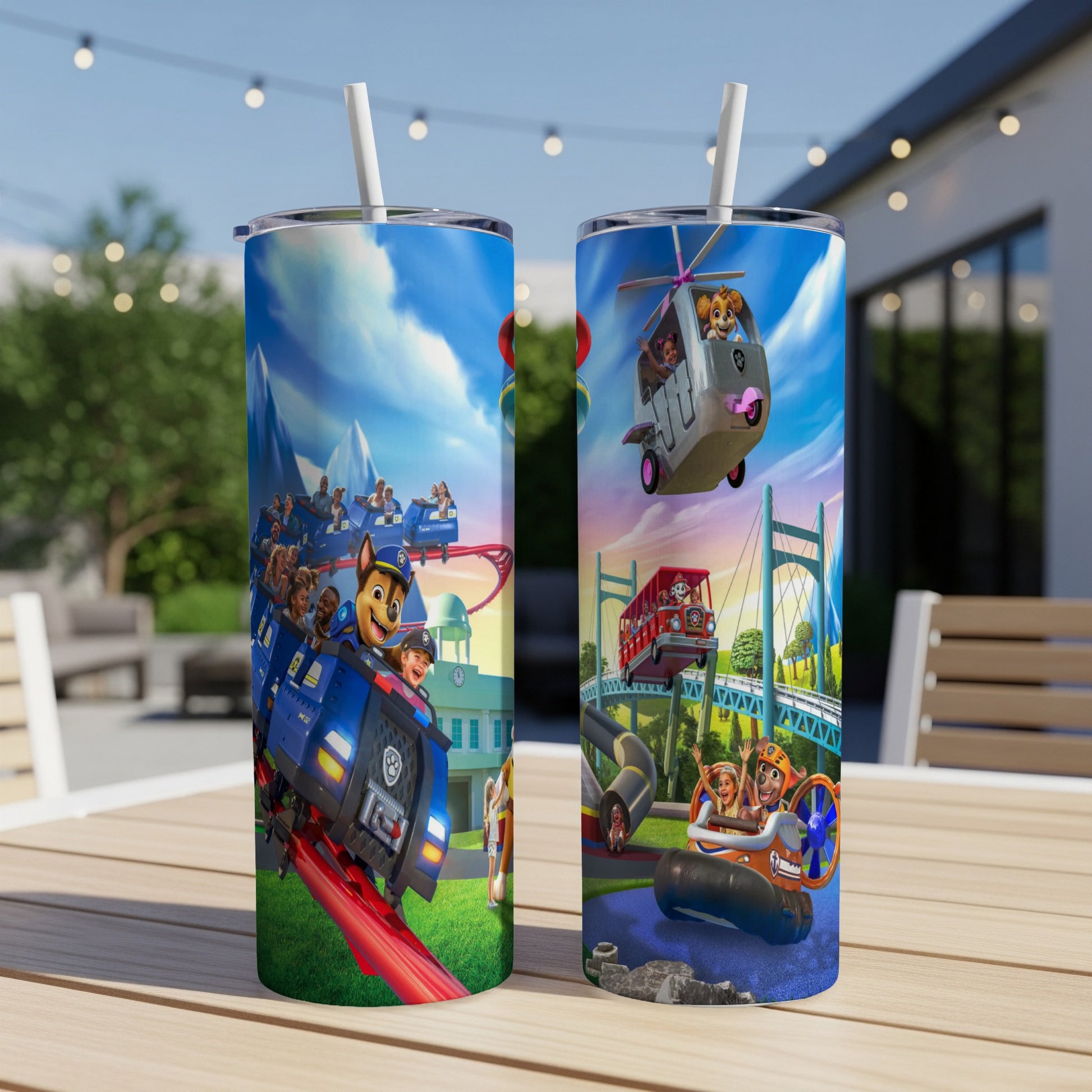 Paw Patrol characters on a roller coaster and a helicopter ride.