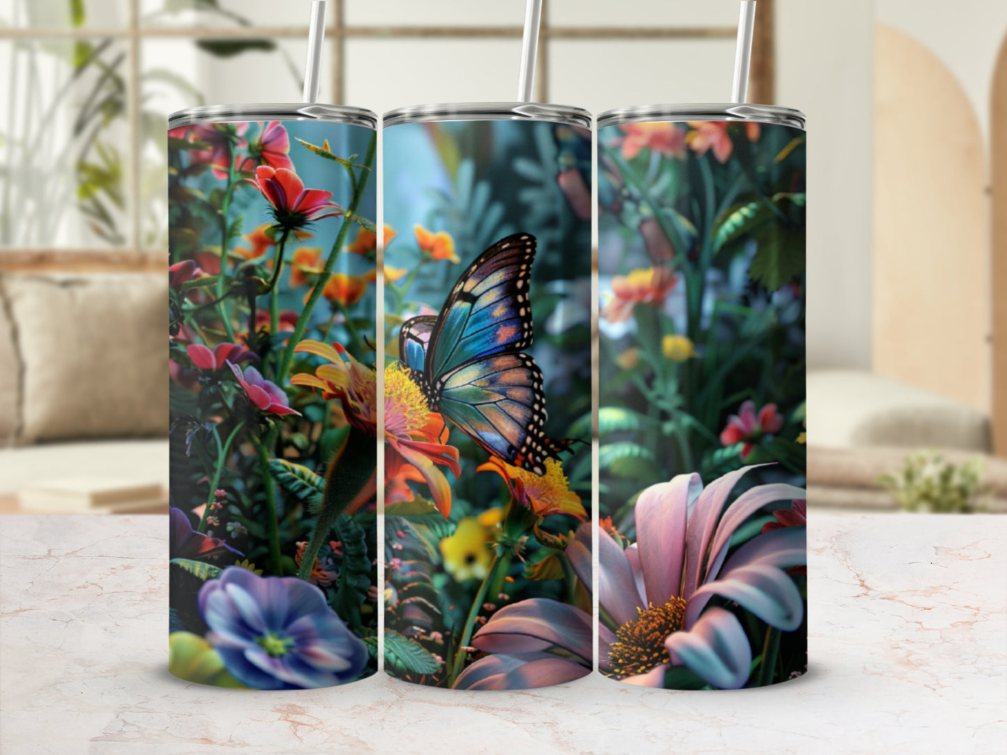 Butterfly and flowers on a cylindrical tumbler with blurred background.