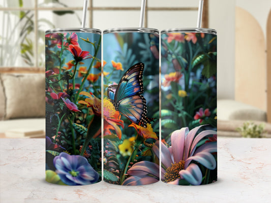 Butterfly and flowers on a cylindrical tumbler with blurred background.