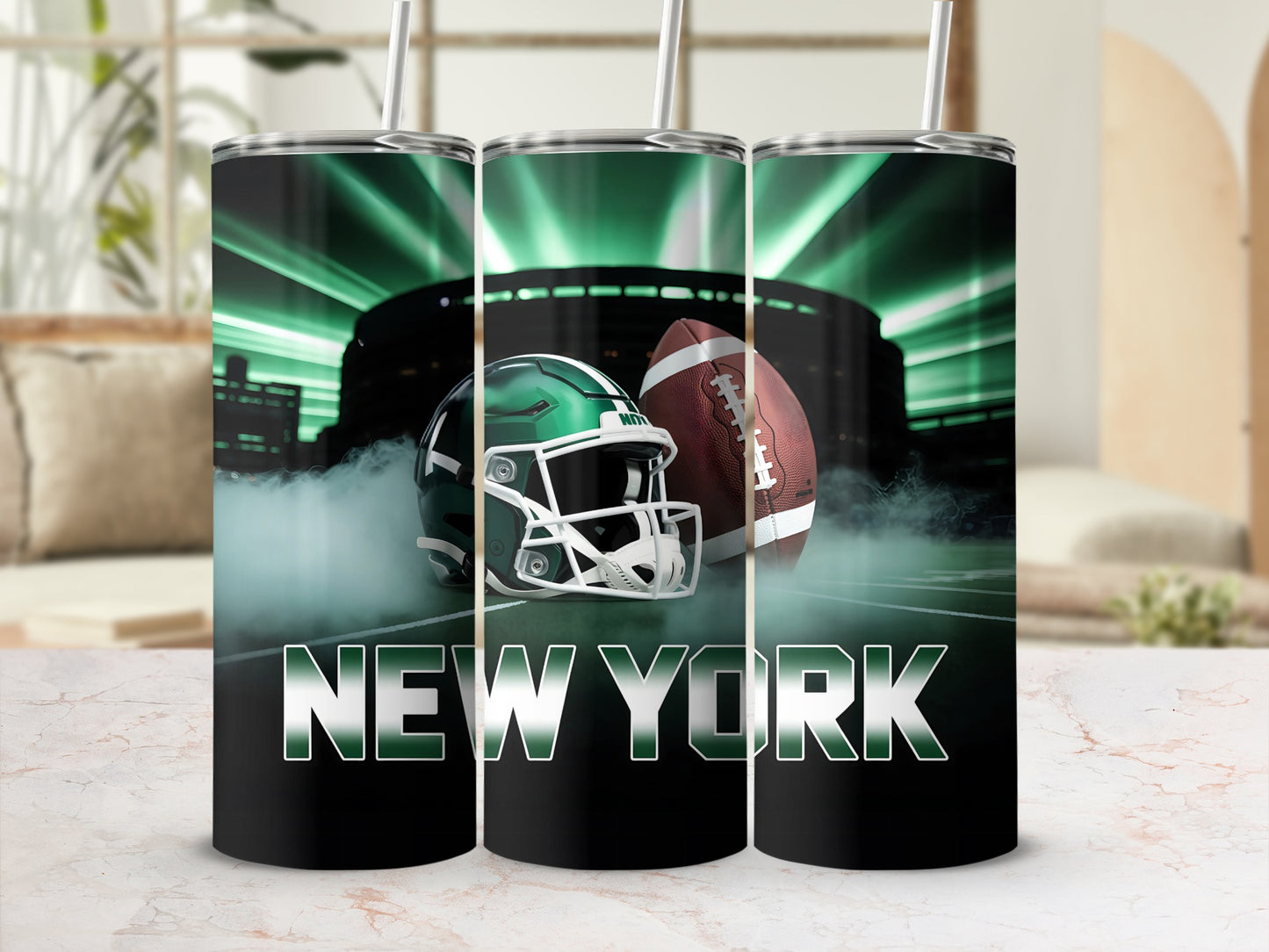 Green football helmet and ball in front of stadium lights, "NEW YORK" text.