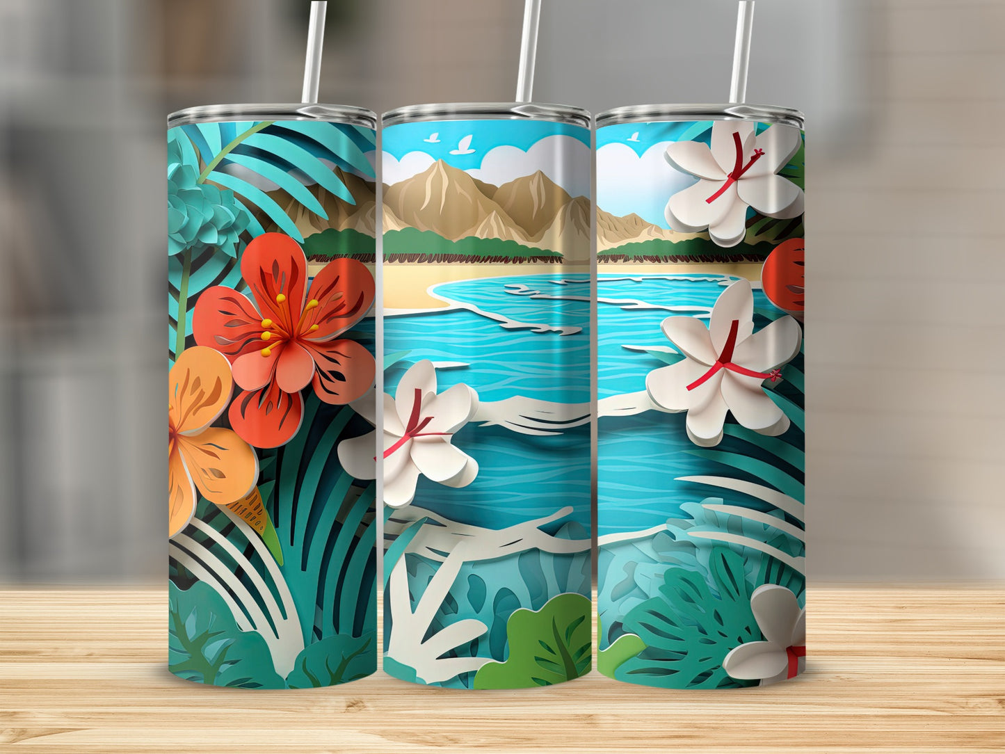Tropical Beach Scene Tumbler with Floral Design