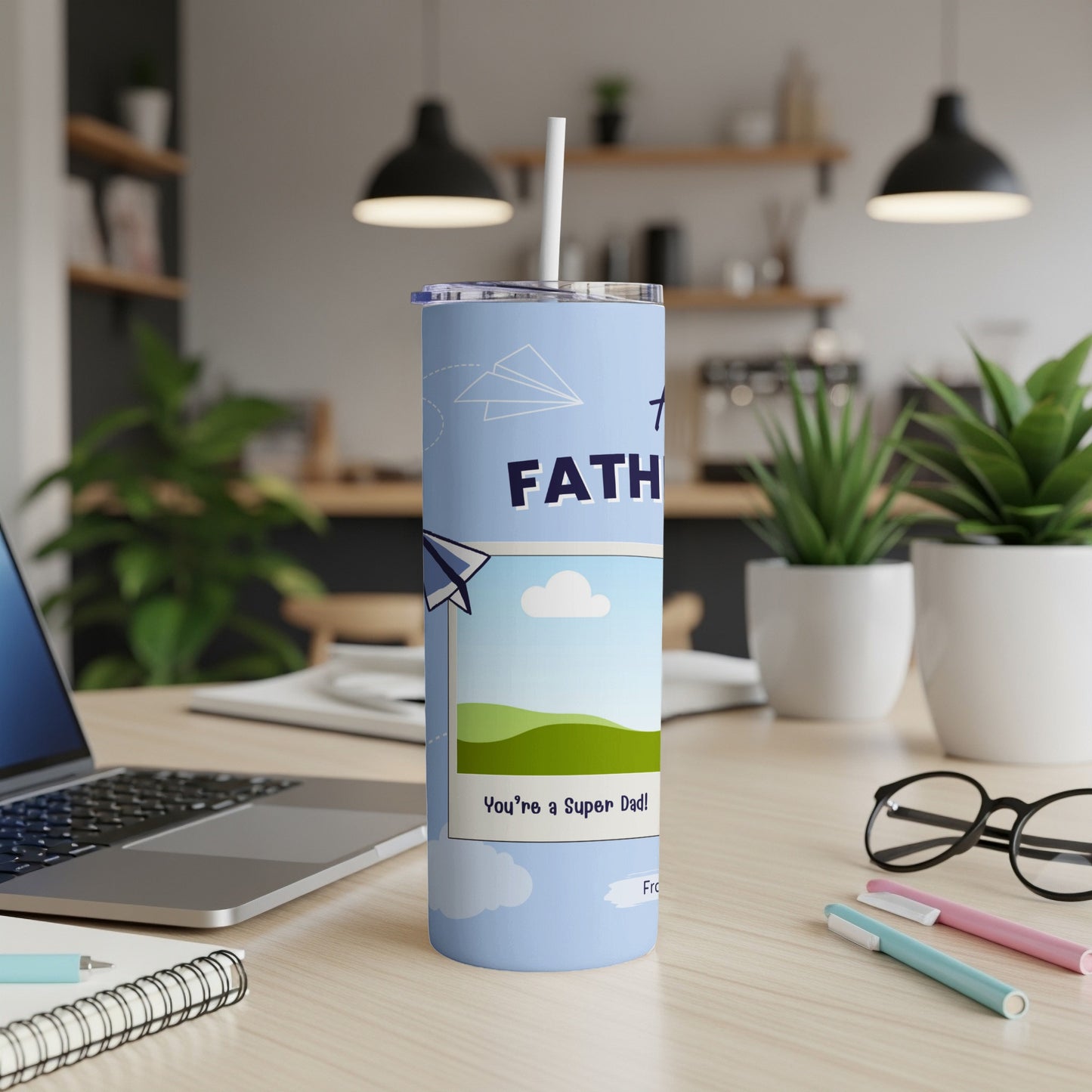 Blue tumbler with paper airplanes and "FATH" text, "You're a Super Dad!"