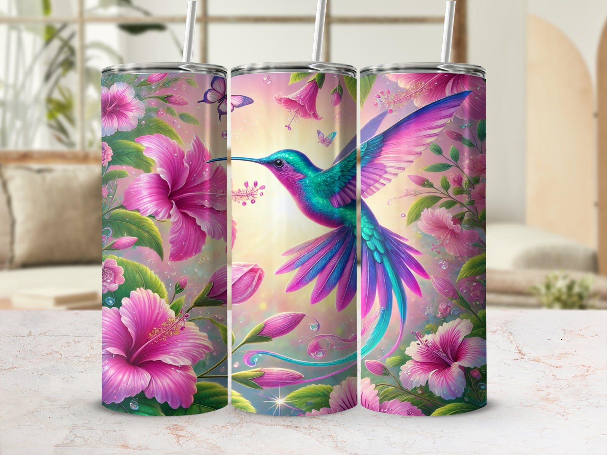 Hummingbird and Pink Floral Insulated Tumbler Product