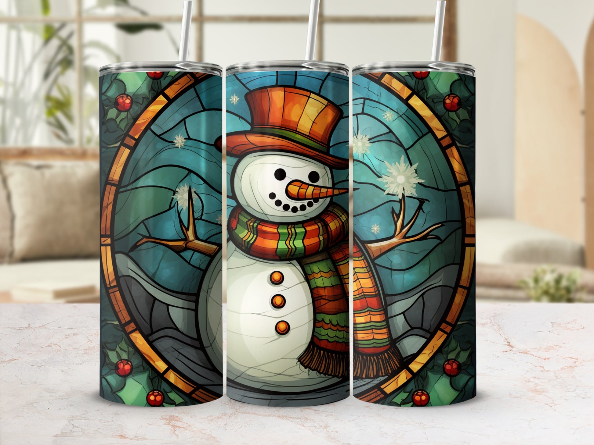 Snowman wearing a hat and scarf, with stained glass-style background and berries.