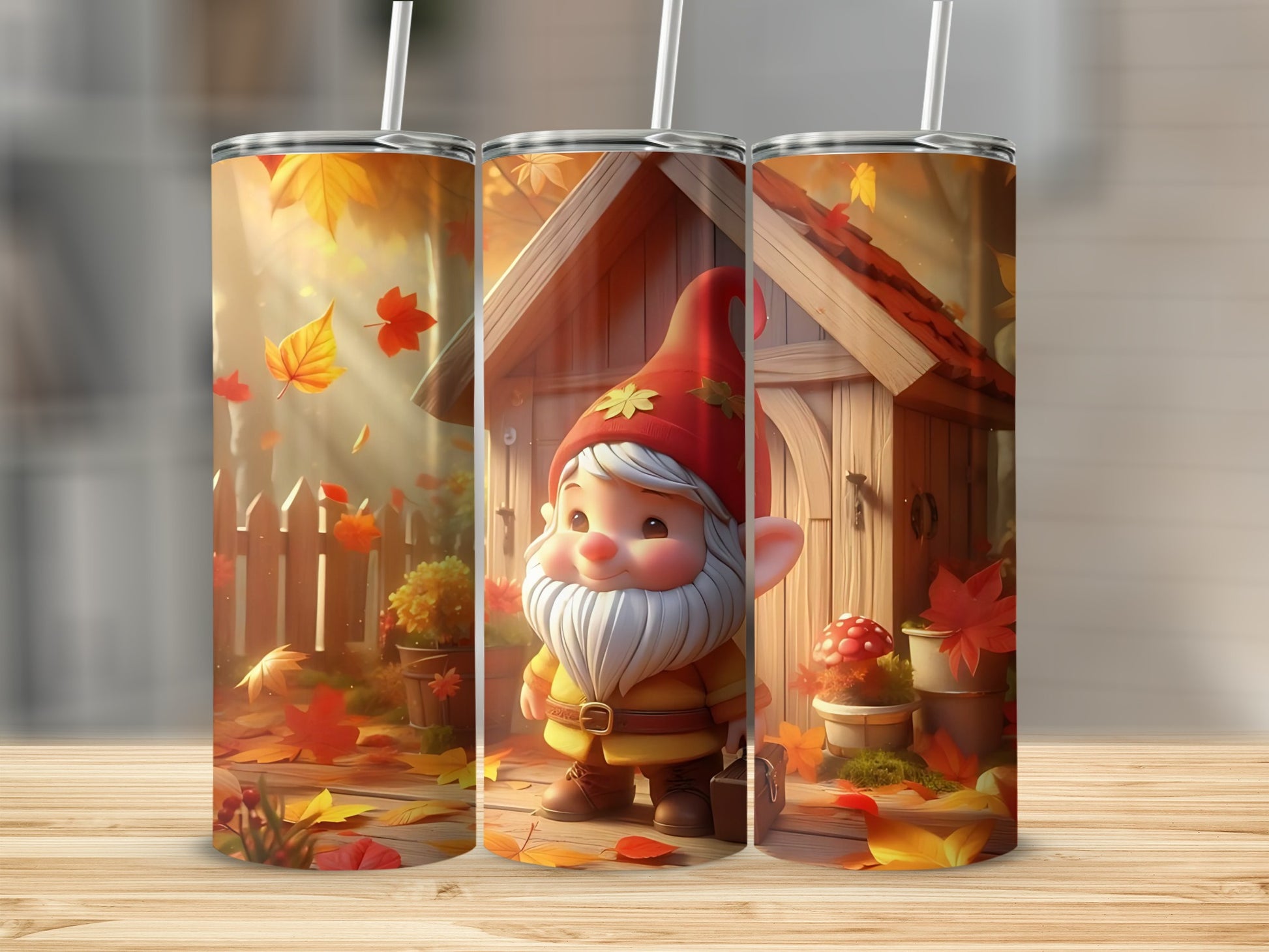 Cute gnome illustration on tumblers with autumn leaves and a wooden house.