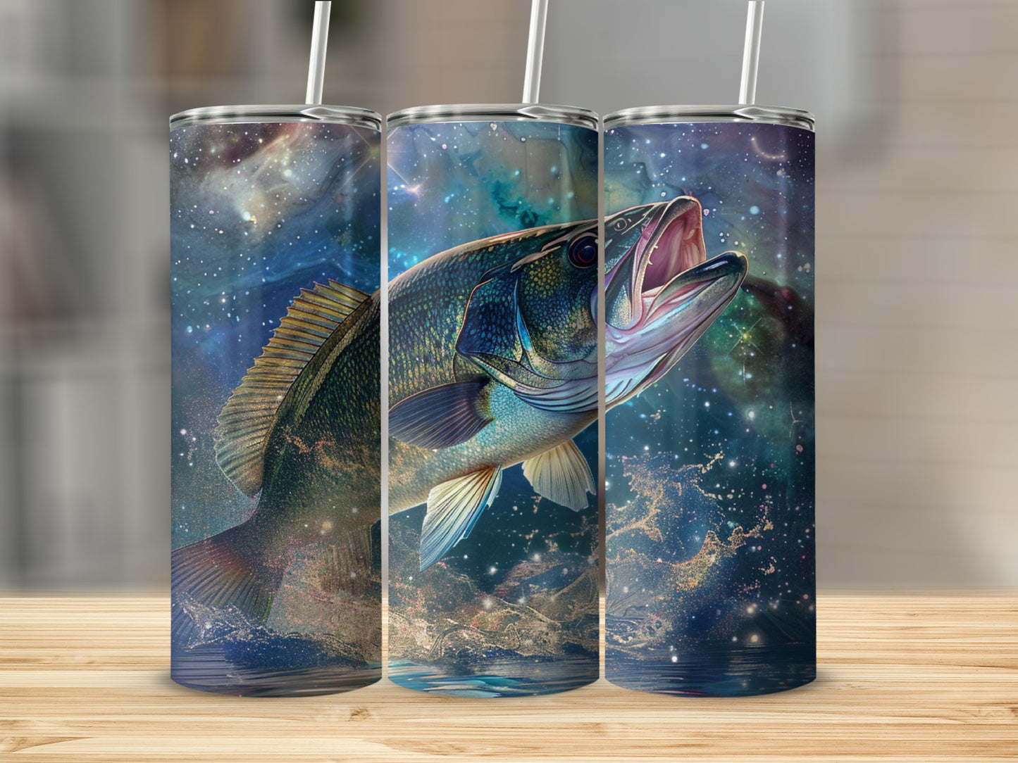 Bass fish leaping from cosmic water splash on a tumbler.