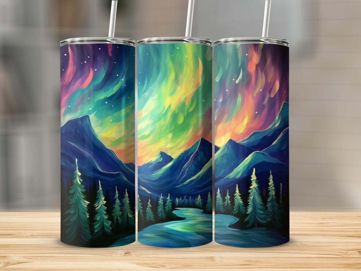 Colorful Aurora Landscape Travel Tumbler with Lid