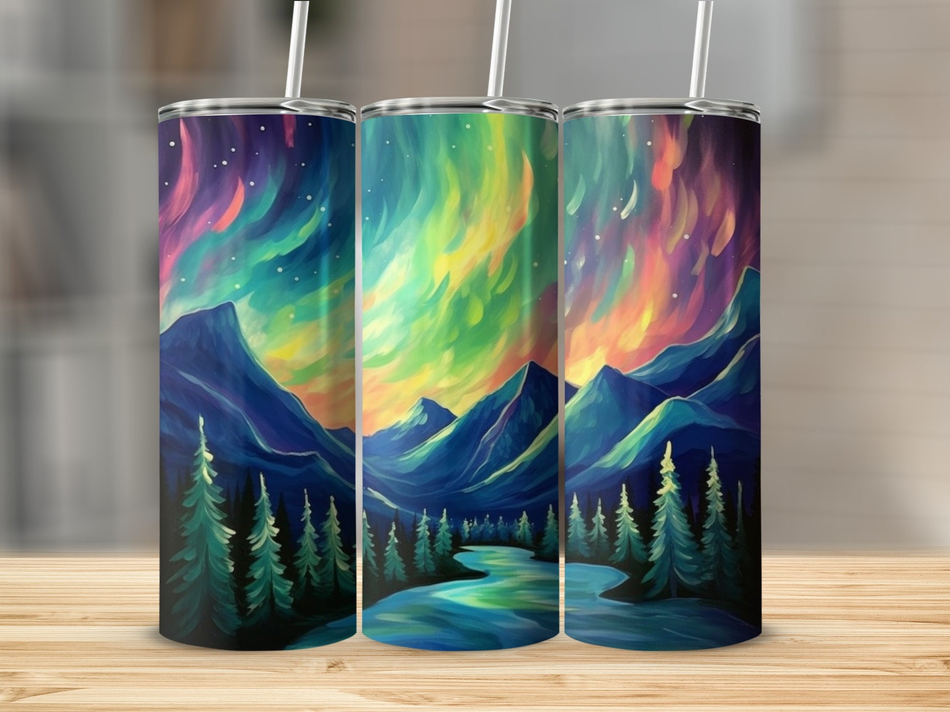 Colorful Aurora Landscape Travel Tumbler with Lid