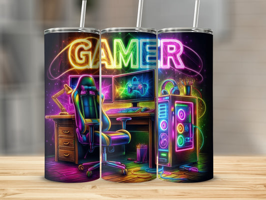 Neon Gamer Desk and Chair Illustration Tumbler