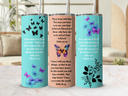 Inspirational Bible Verse Tumbler With Butterfly Design