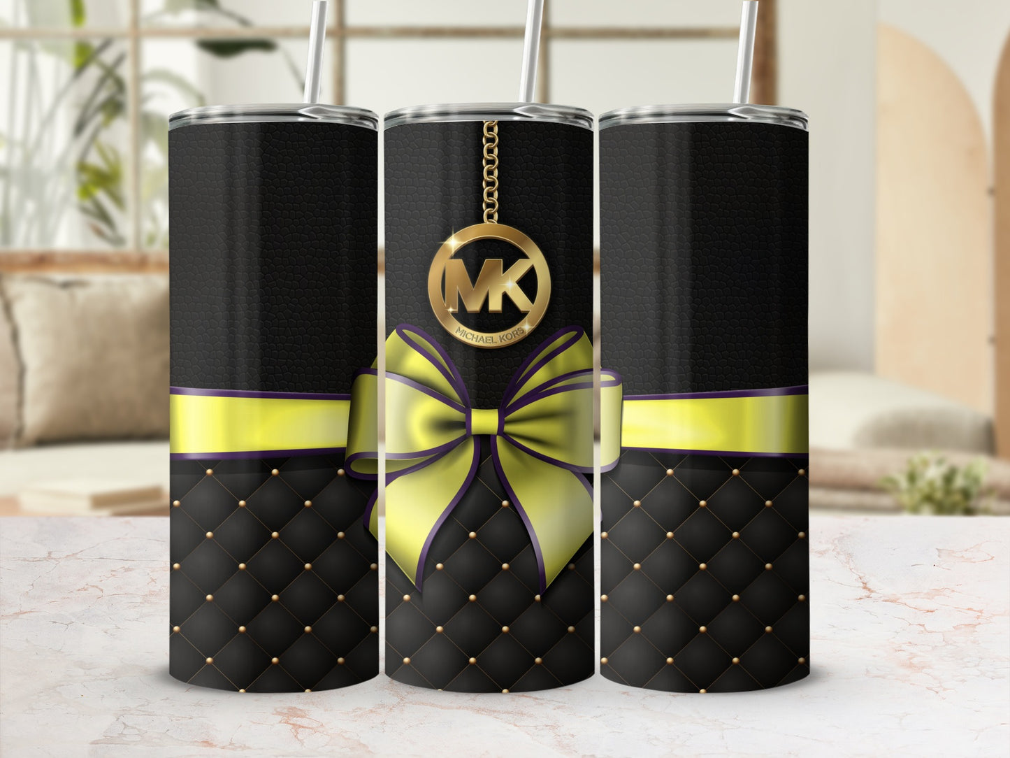 Stylish Black Quilted Tumbler with Gold Bow Design