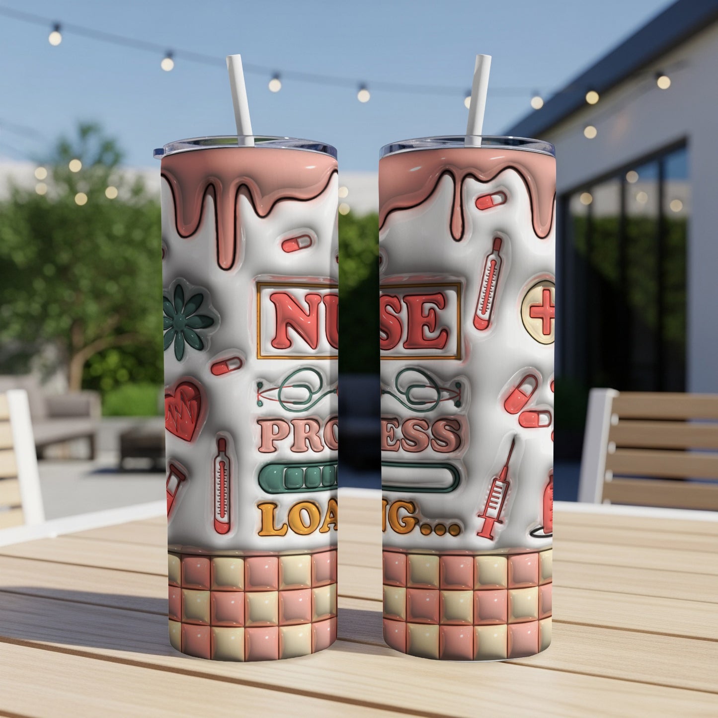 Two tumblers with "Nurse Progress Loading" text and medical icons.