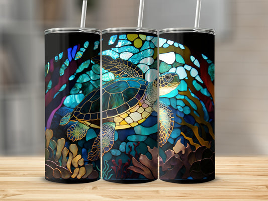 Sea turtle swimming through vibrant mosaic underwater scene on three tumblers.