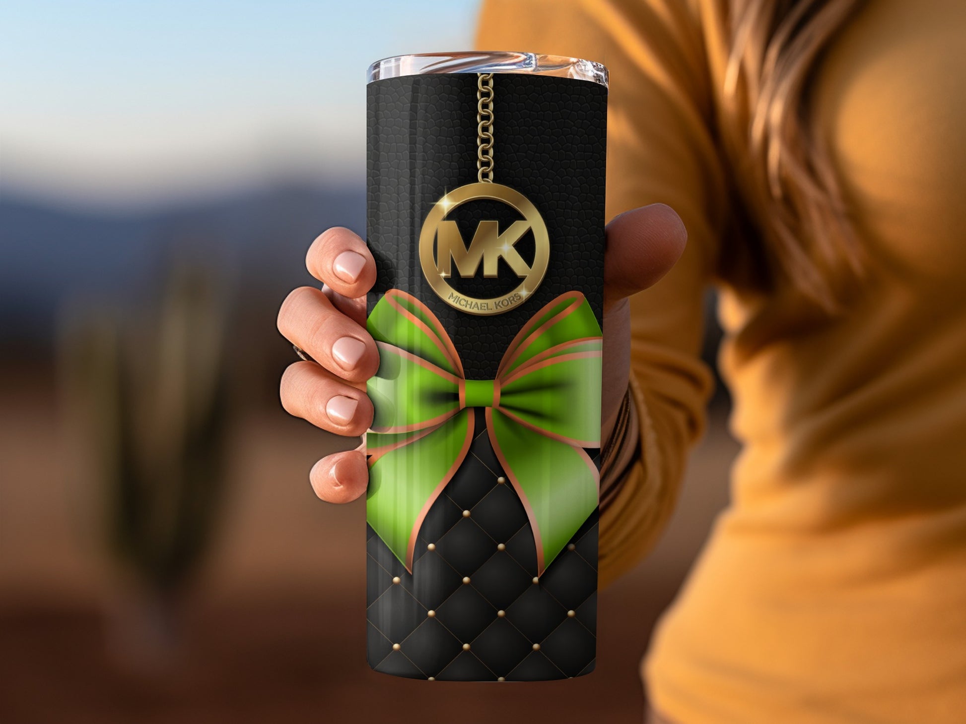 Luxury Designer Travel Mug with Green Bow Design