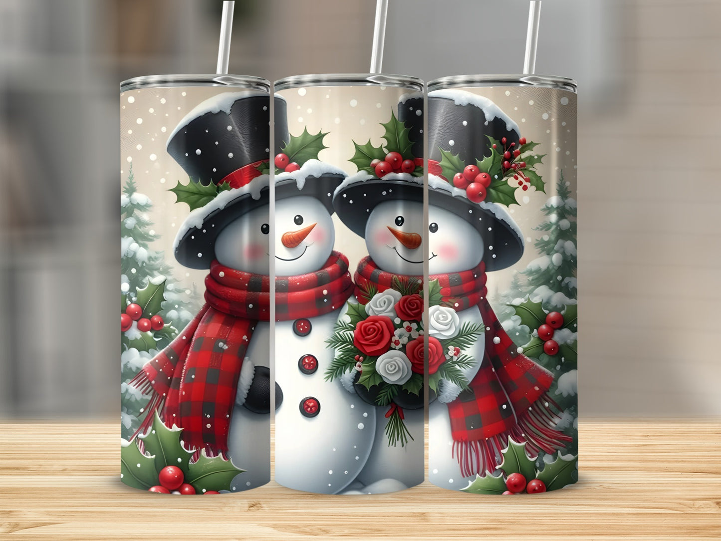 Festive Snowman Design Holiday Tumbler with Floral Accents