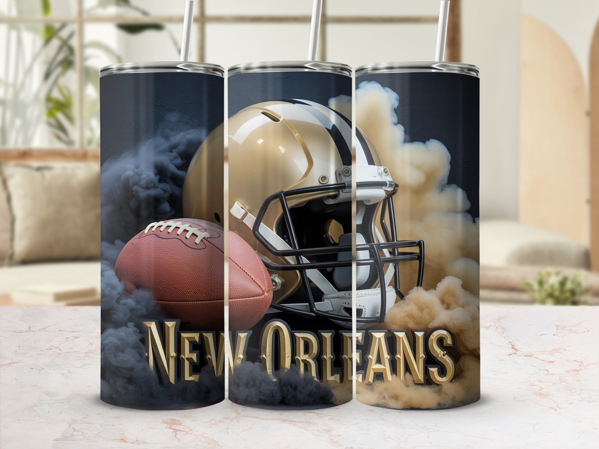 New Orleans Saints helmet, football, and smoke on a tumbler.
