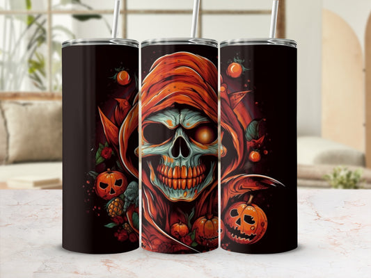 Three tumblers featuring a grim reaper skull with Halloween pumpkins and berries.