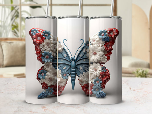 Patriotic butterfly design on three white tumblers with straws.