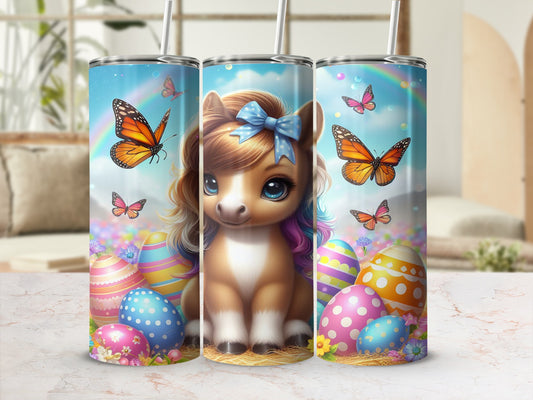 Cute cartoon pony with colorful eggs and butterflies on a whimsical background.