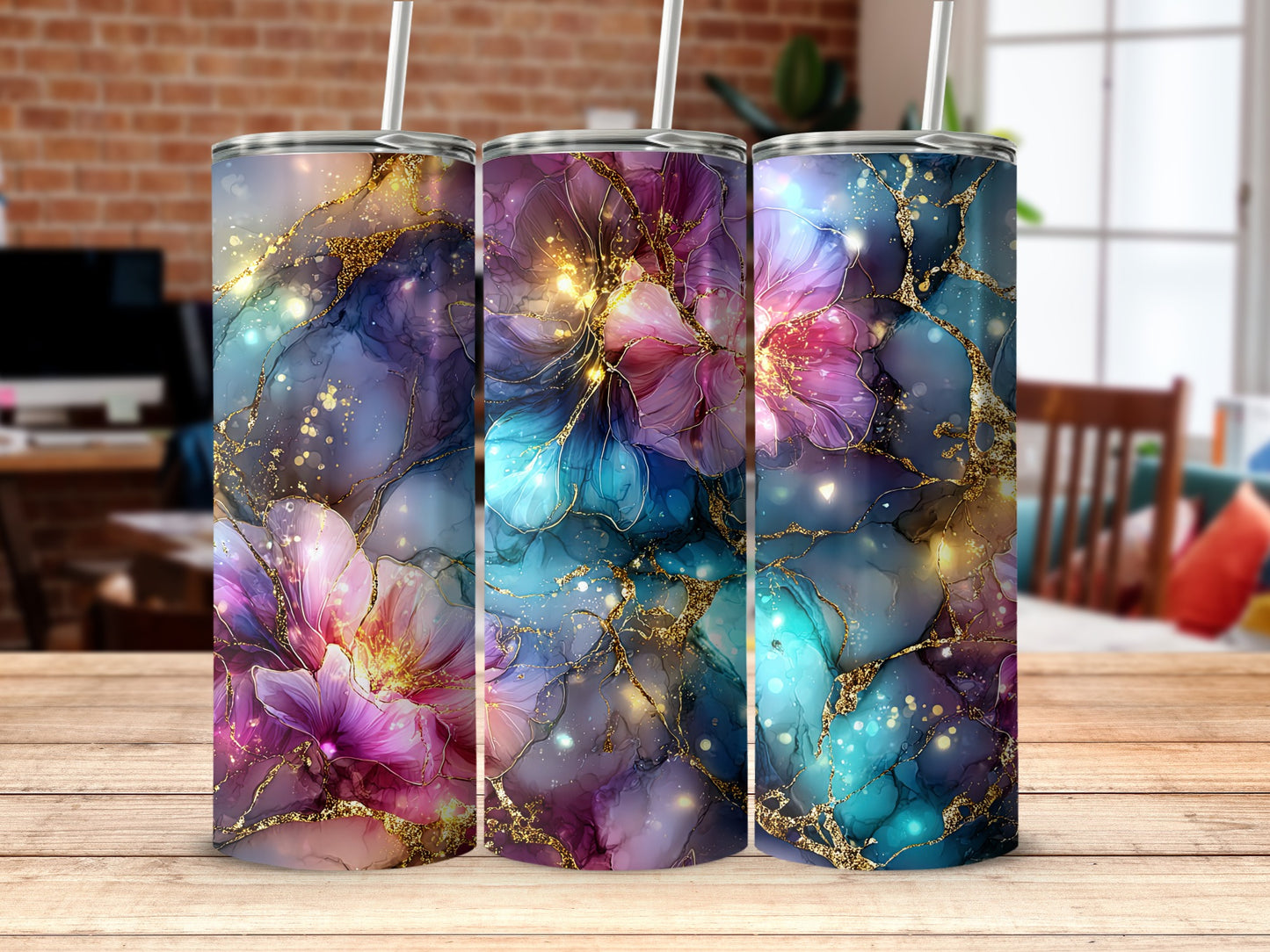 Abstract Floral Pattern Insulated Tumbler Flask Drinkware