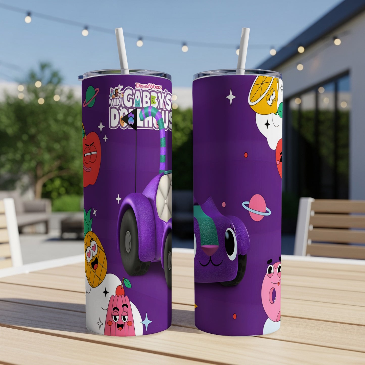 Gabby's Dollhouse purple tumbler with character illustrations and DreamWorks logo.