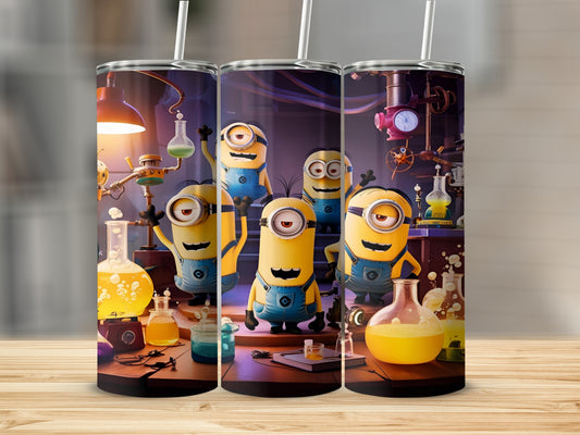 Three Minions in a laboratory setting with beakers and tubes.