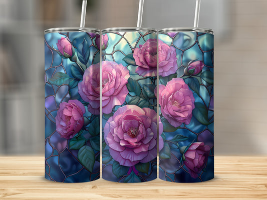 Three tumblers with a stained glass rose pattern.