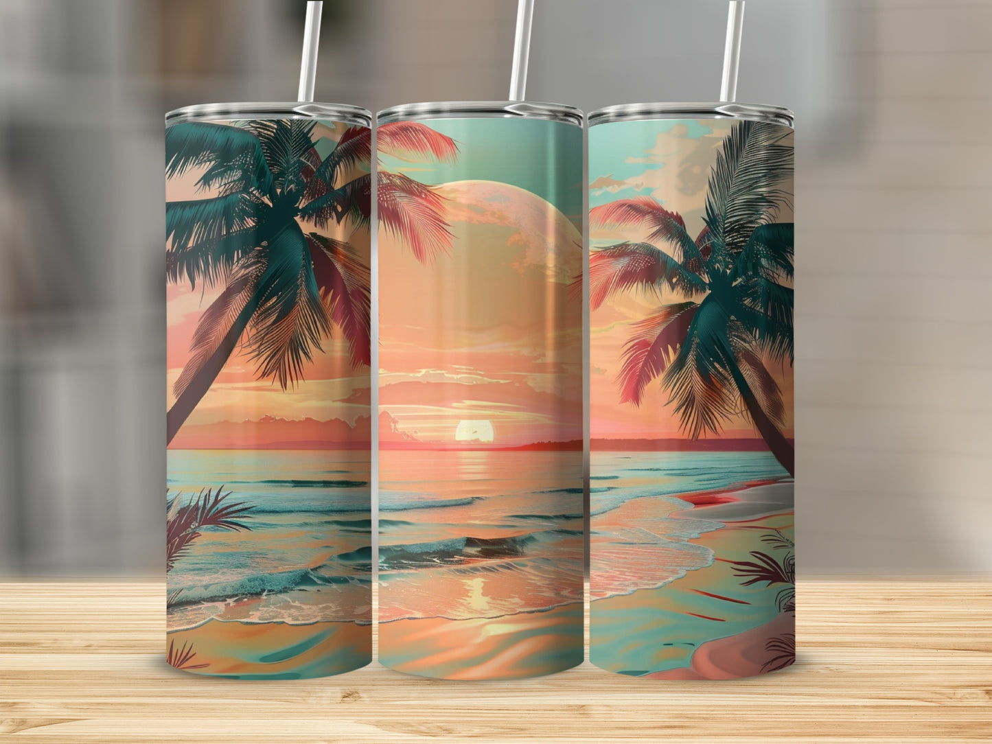 Sunset beach scene with palm trees on three tumblers.