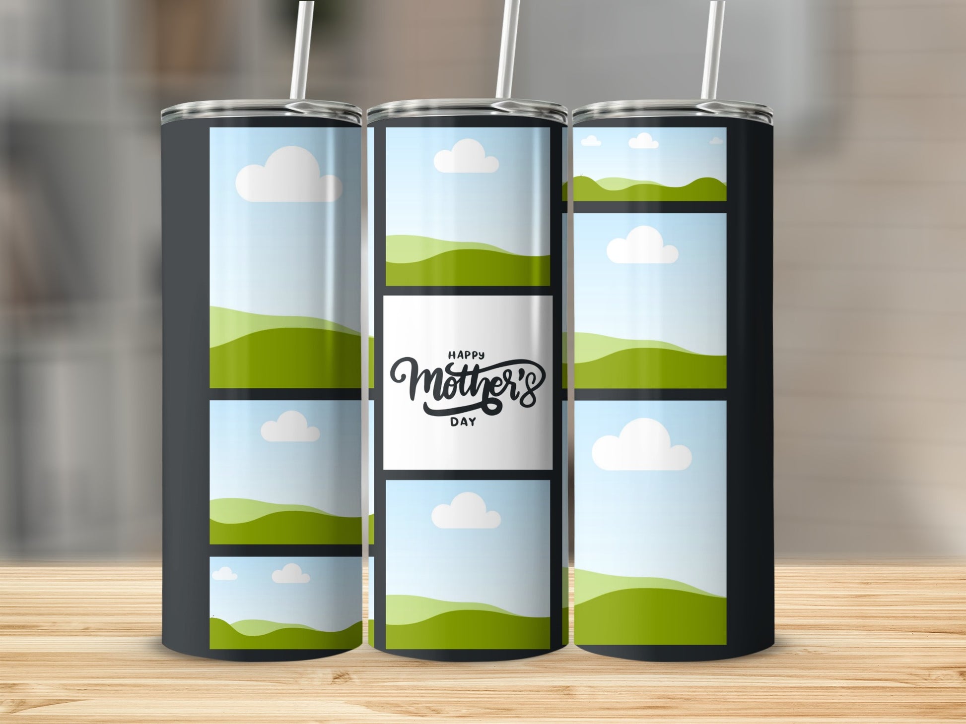 Three tumblers display a collage of landscape images and "Happy Mother's Day" text.