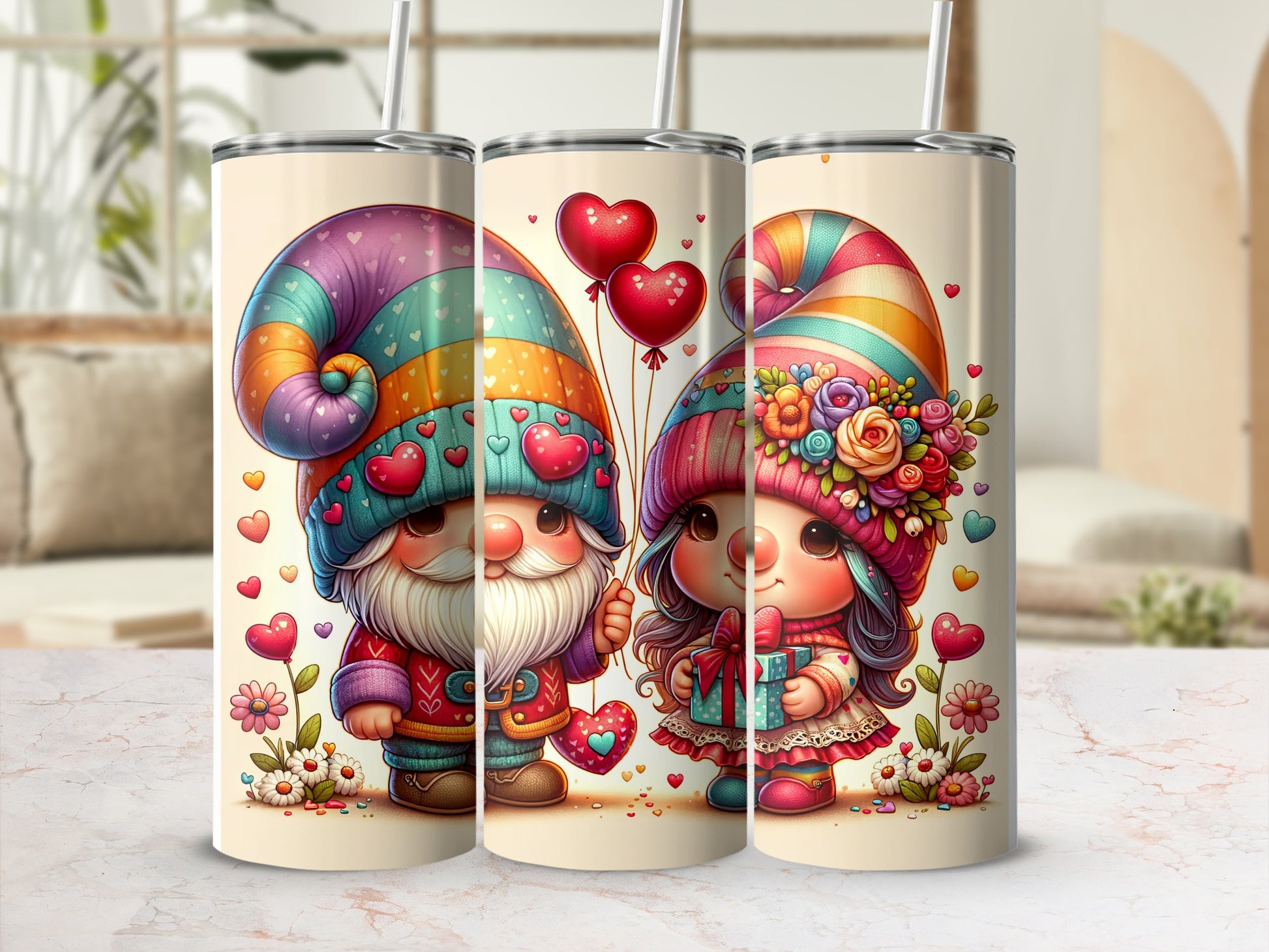 Two Valentine's Day gnomes, one holding hearts, the other a gift.