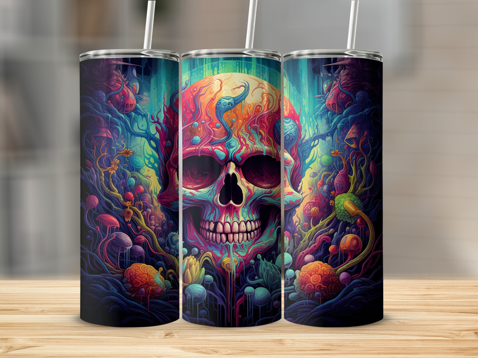 Colorful Skull and Mystical Forest Design Tumbler