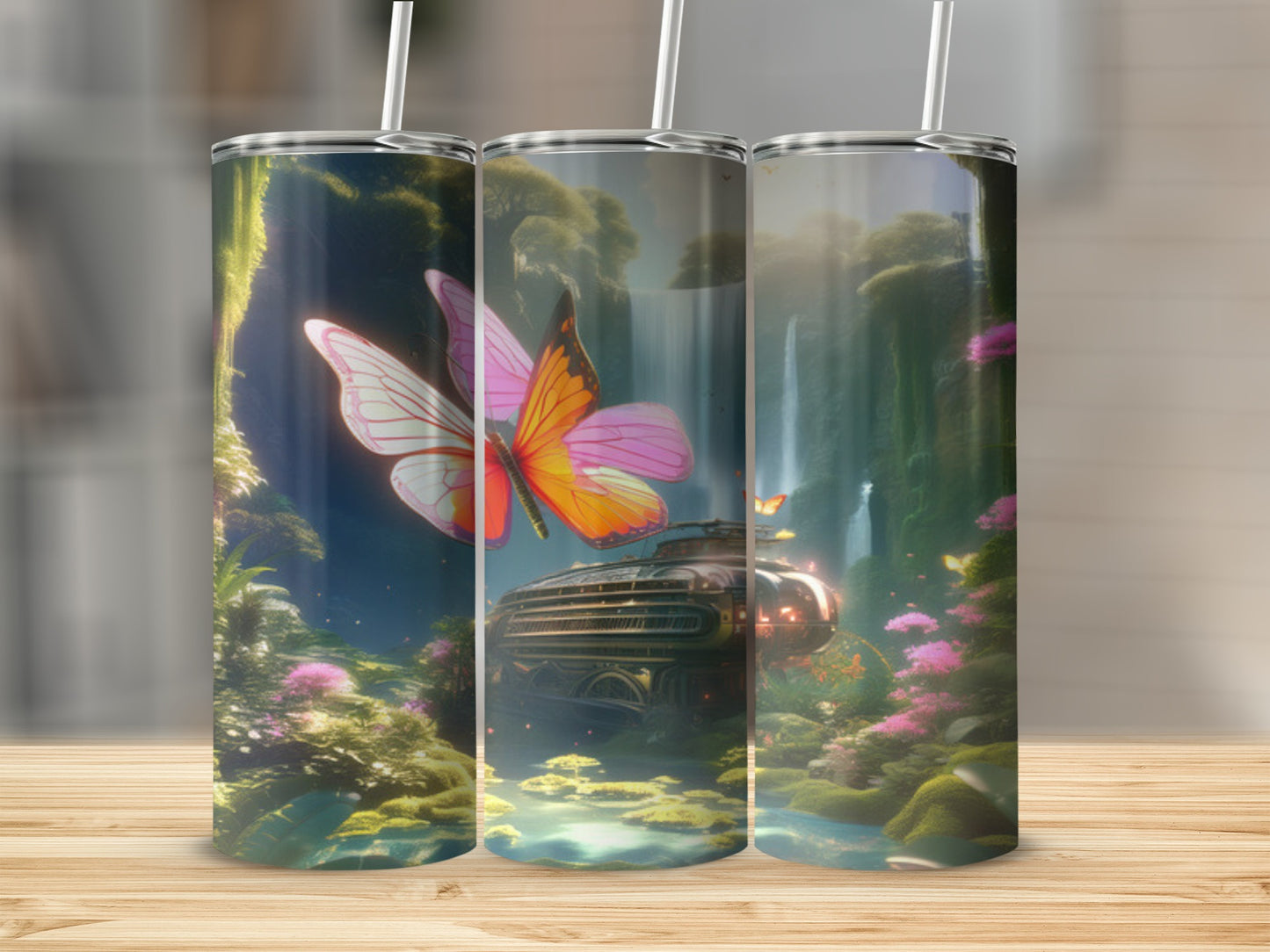 Fantasy scene with butterfly, waterfall, and steampunk vehicle on a tumbler.