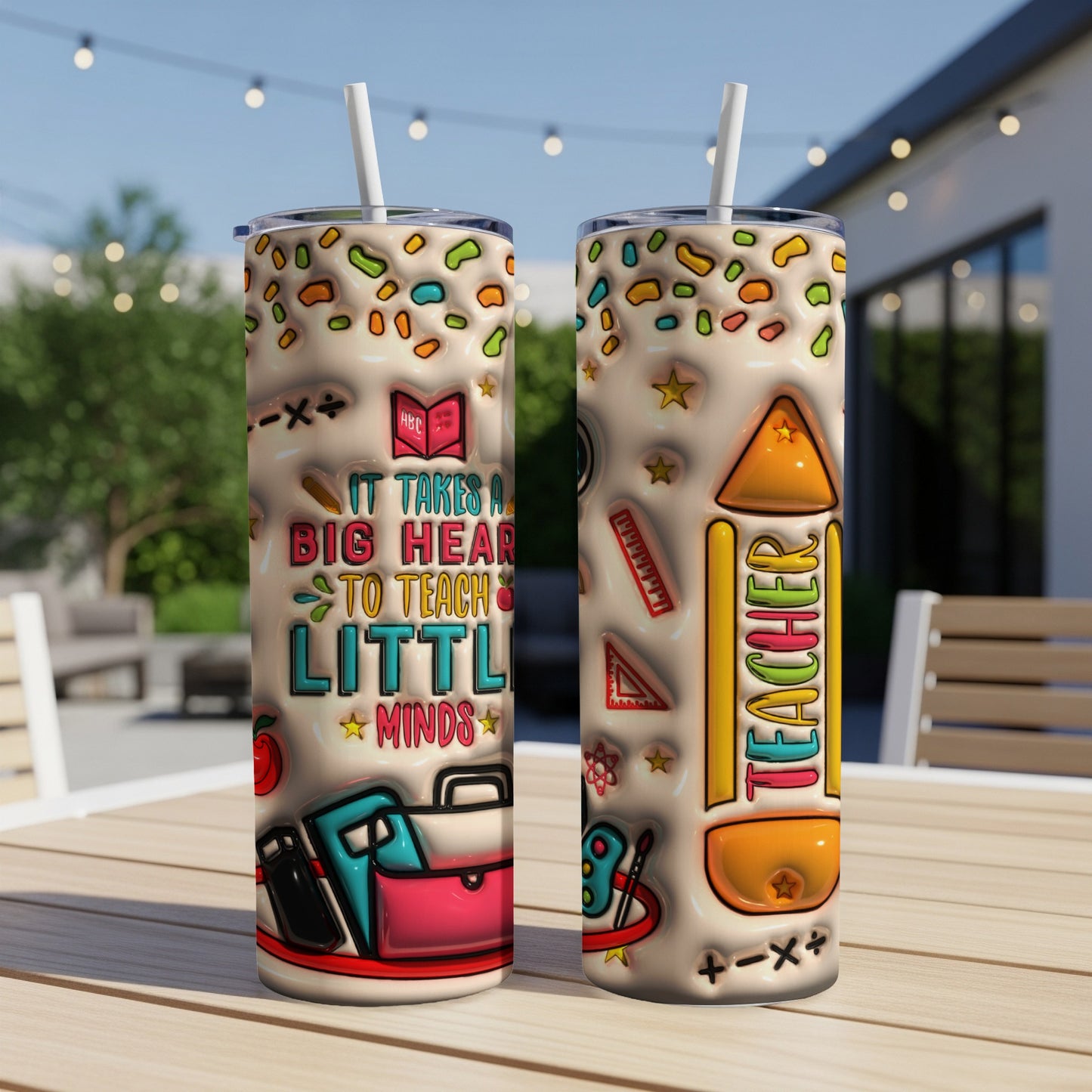 Two teacher-themed tumblers with colorful school supplies and text.