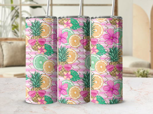 Three tumblers with pineapple, citrus, and floral pattern.