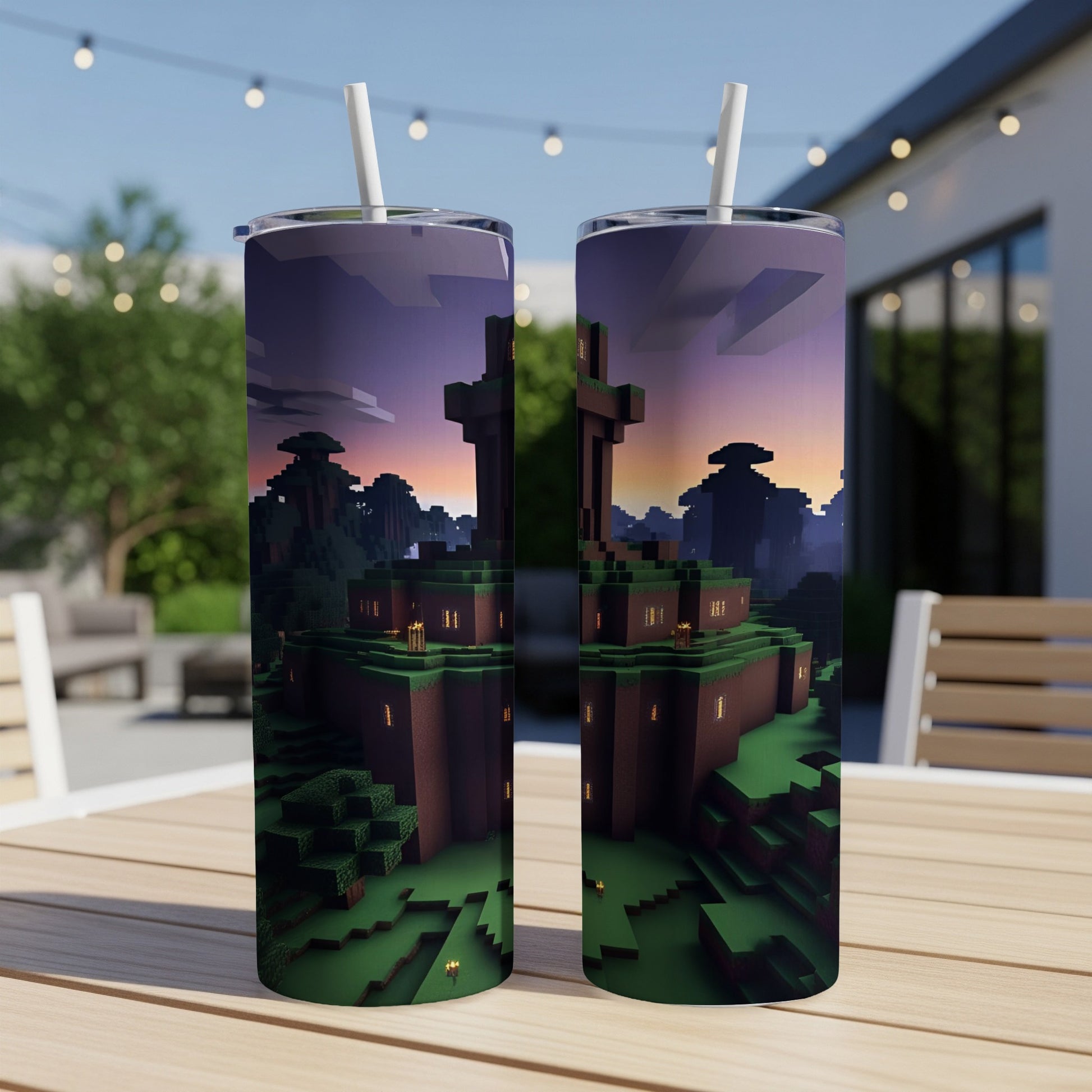 Two Minecraft-themed tumblers featuring a pixelated landscape with a cross structure.
