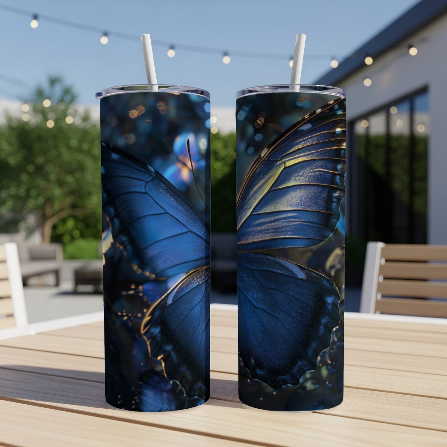 Two tumblers with a close-up blue butterfly wing design.