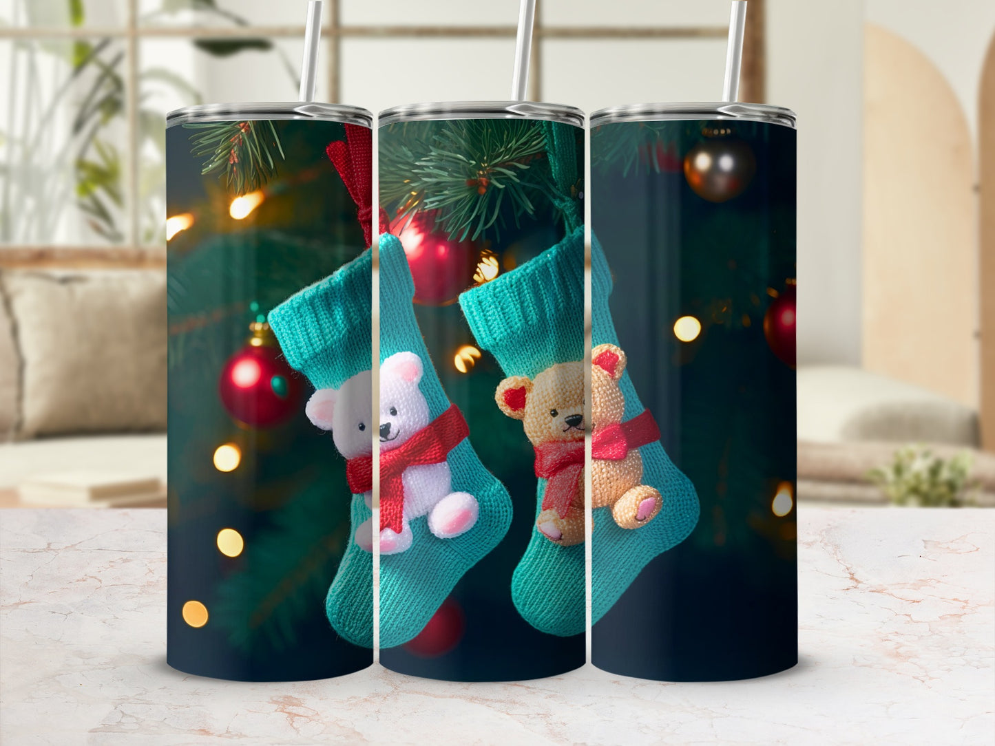 Festive Christmas Stockings with Bear Design Tumbler