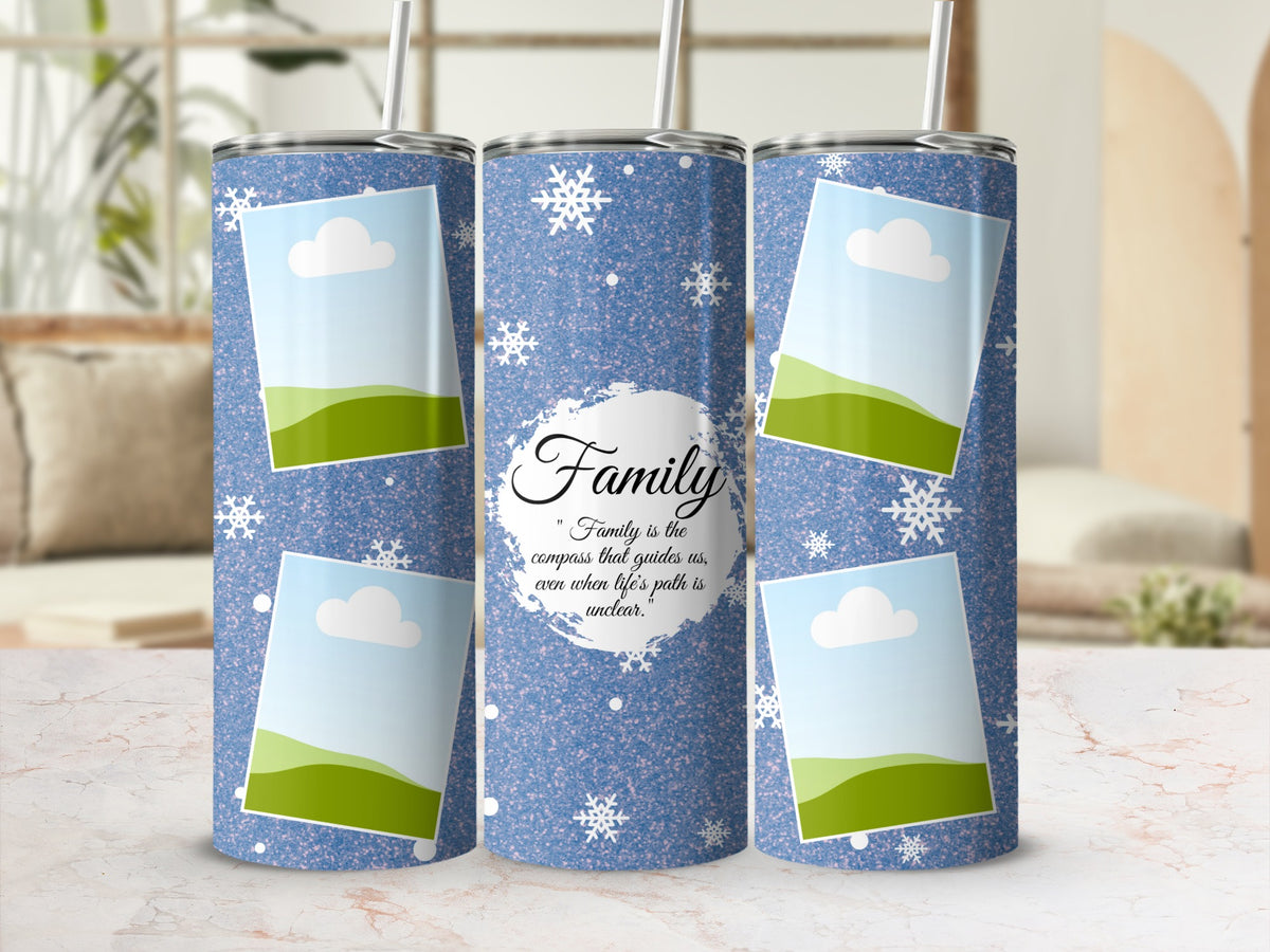 Blue glitter tumbler with snowflakes, photo frames, and "Family is the compass..." quote.