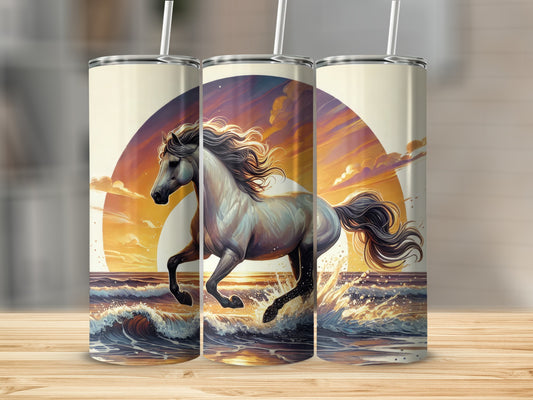White horse galloping through ocean waves under a sunset sky.