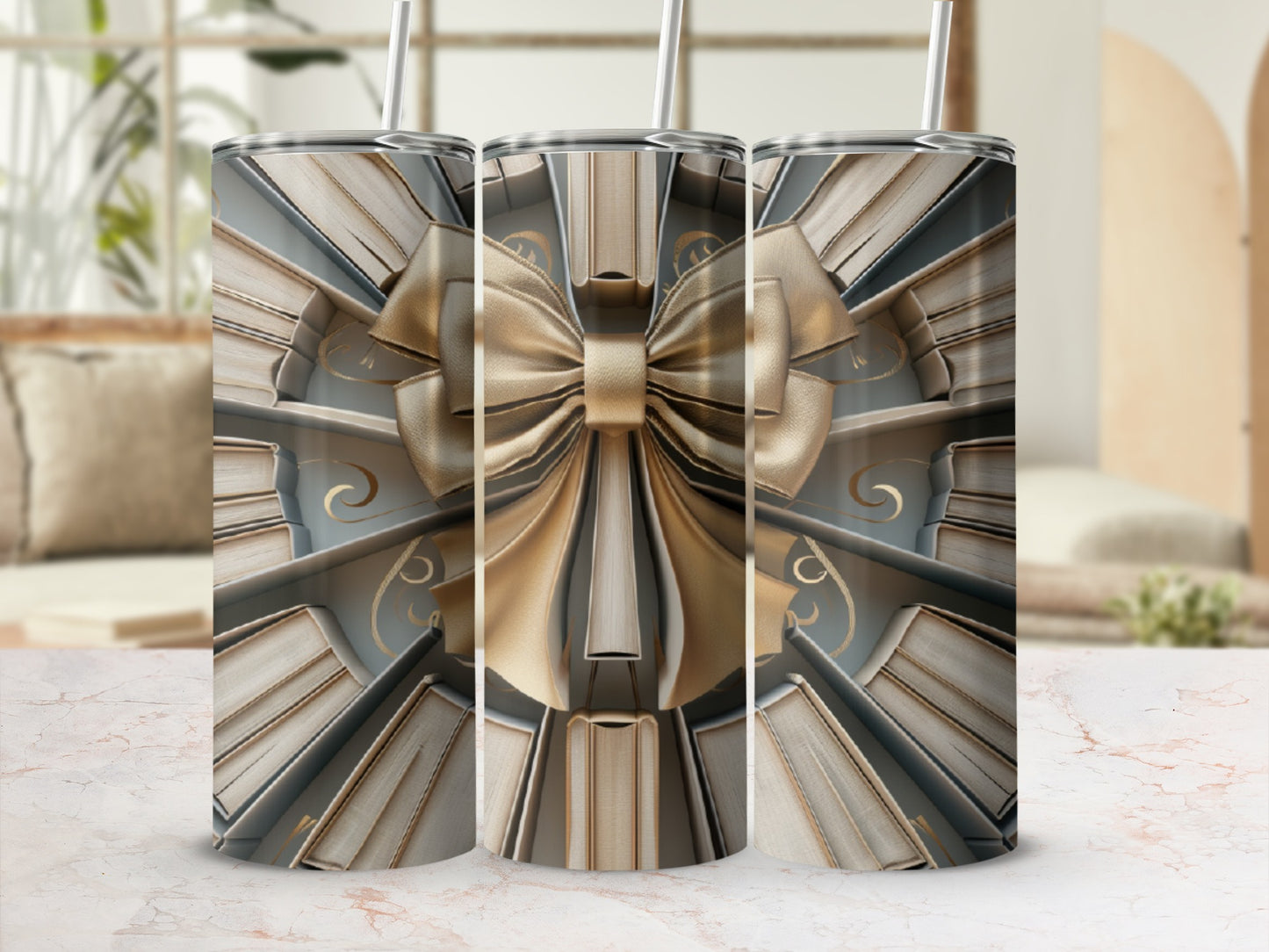 Three tumblers featuring a gold bow against a background of stacked books.