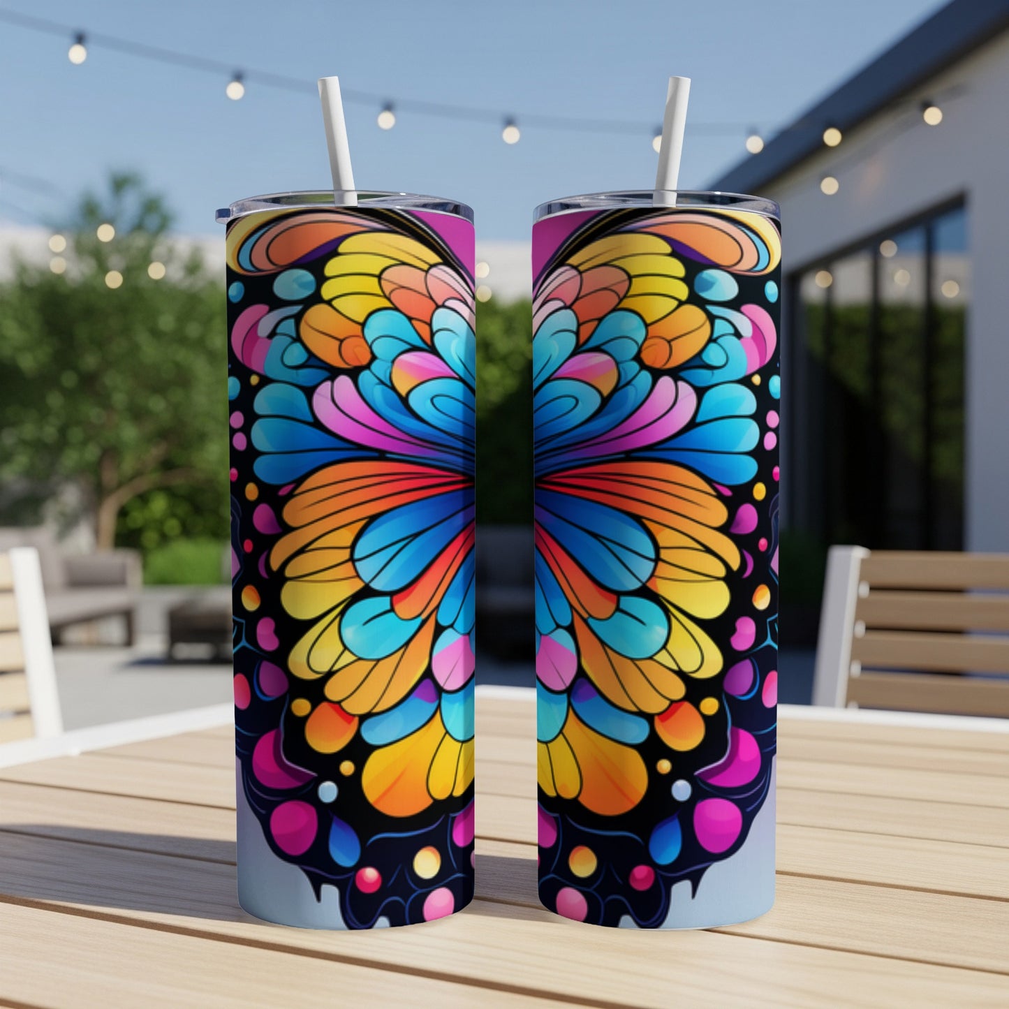 Two tall tumblers with a colorful, symmetrical butterfly wing design.