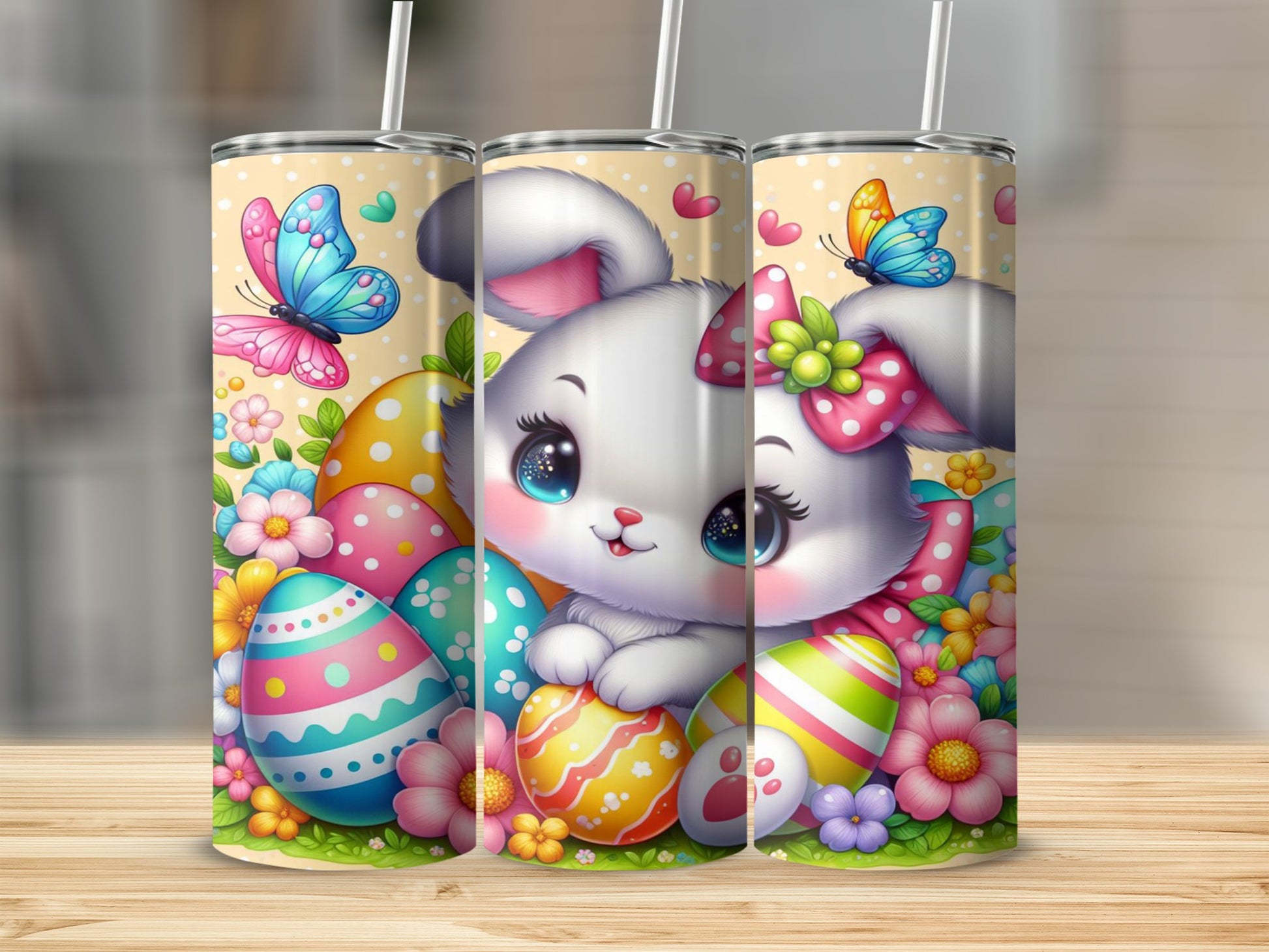 Easter bunny with colorful eggs and butterflies on a patterned background.