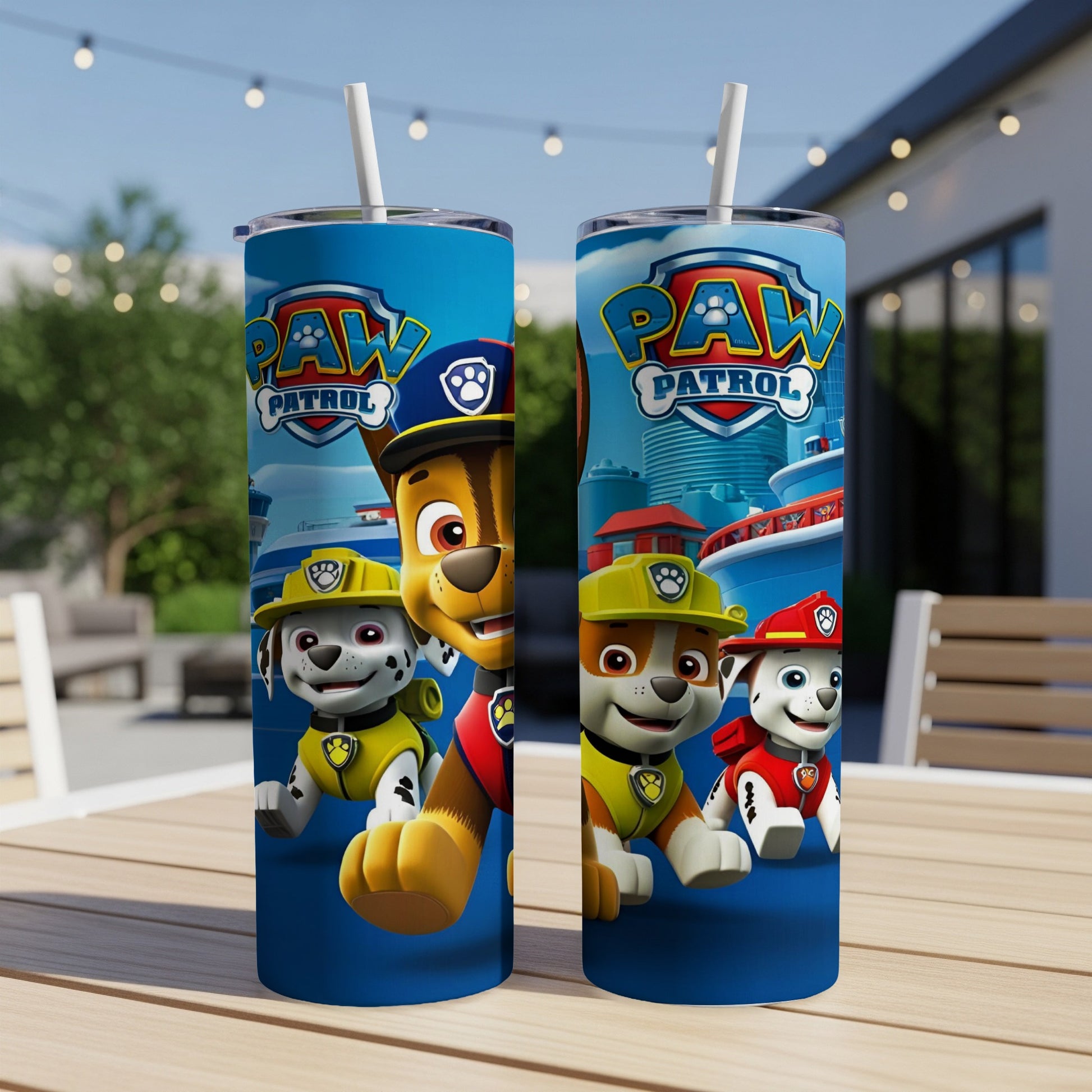 Paw Patrol characters Chase and Marshall on blue tumblers with Paw Patrol logo.