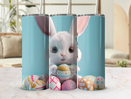 Easter bunny holding decorated egg surrounded by colorful painted eggs.